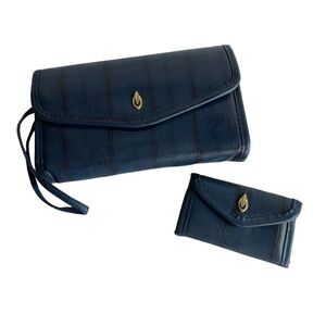 Vintage Wallet Set Wristlet Blue Stripe Keyholder Card Organizer Retro EUC